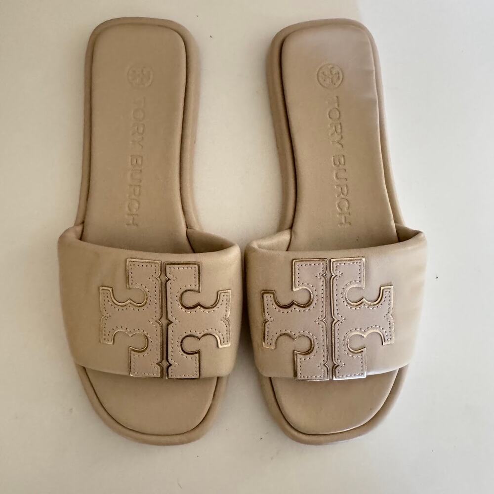 Tory Burch Beige Logo Double T Sport Slide Sandals Size 6